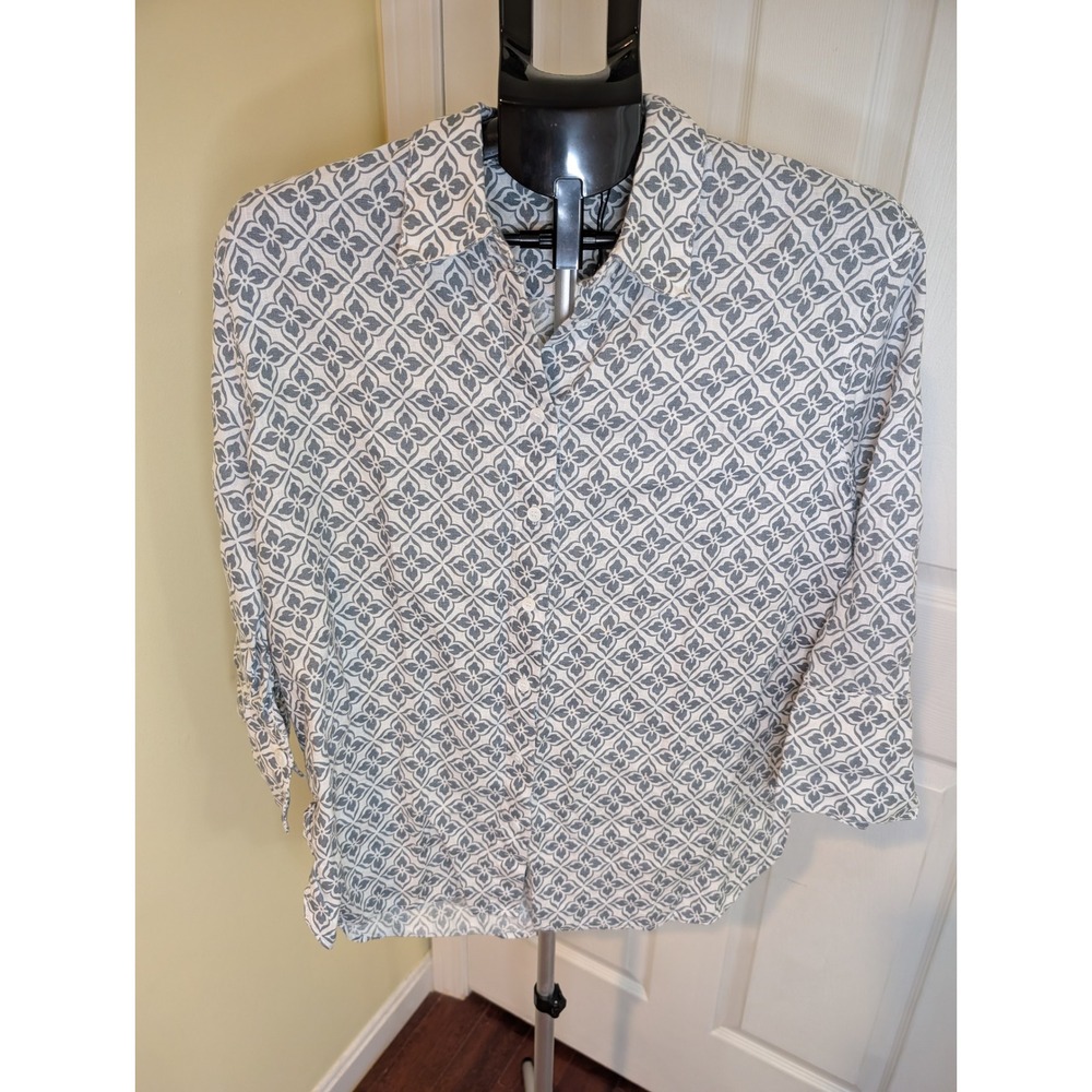 Zara Linen Button Down Shirt Womens Small Grey White Geometric Floral 3/4 Sleeve